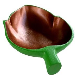 Wood Bowl Leaf Shaped TropicalBoho Green Metallic Copper Hand Painted Upcycled